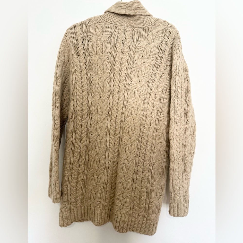 LandsEnd tan cable knit thick heavy cardigan modest winter fisherman Size LP - Picture 4 of 6